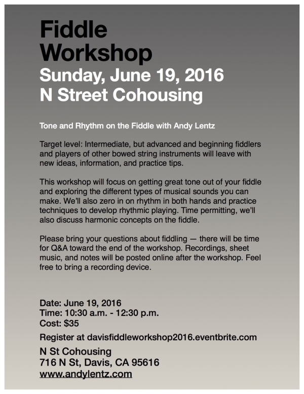 Flyer for a fiddle workshop in Davis, CA on June 19, 2016