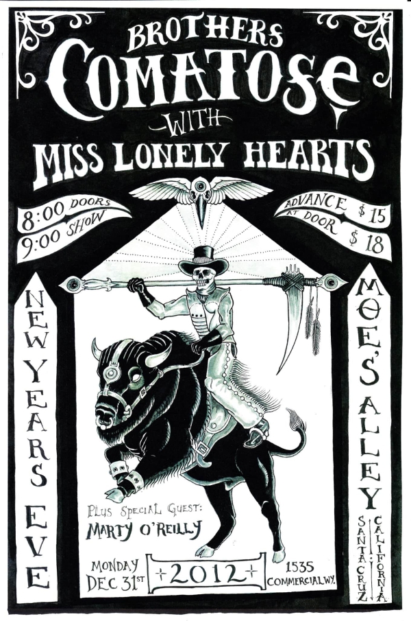 Concert poster for Brothers Comatose and Miss Lonely Hearts on new years eve 2012